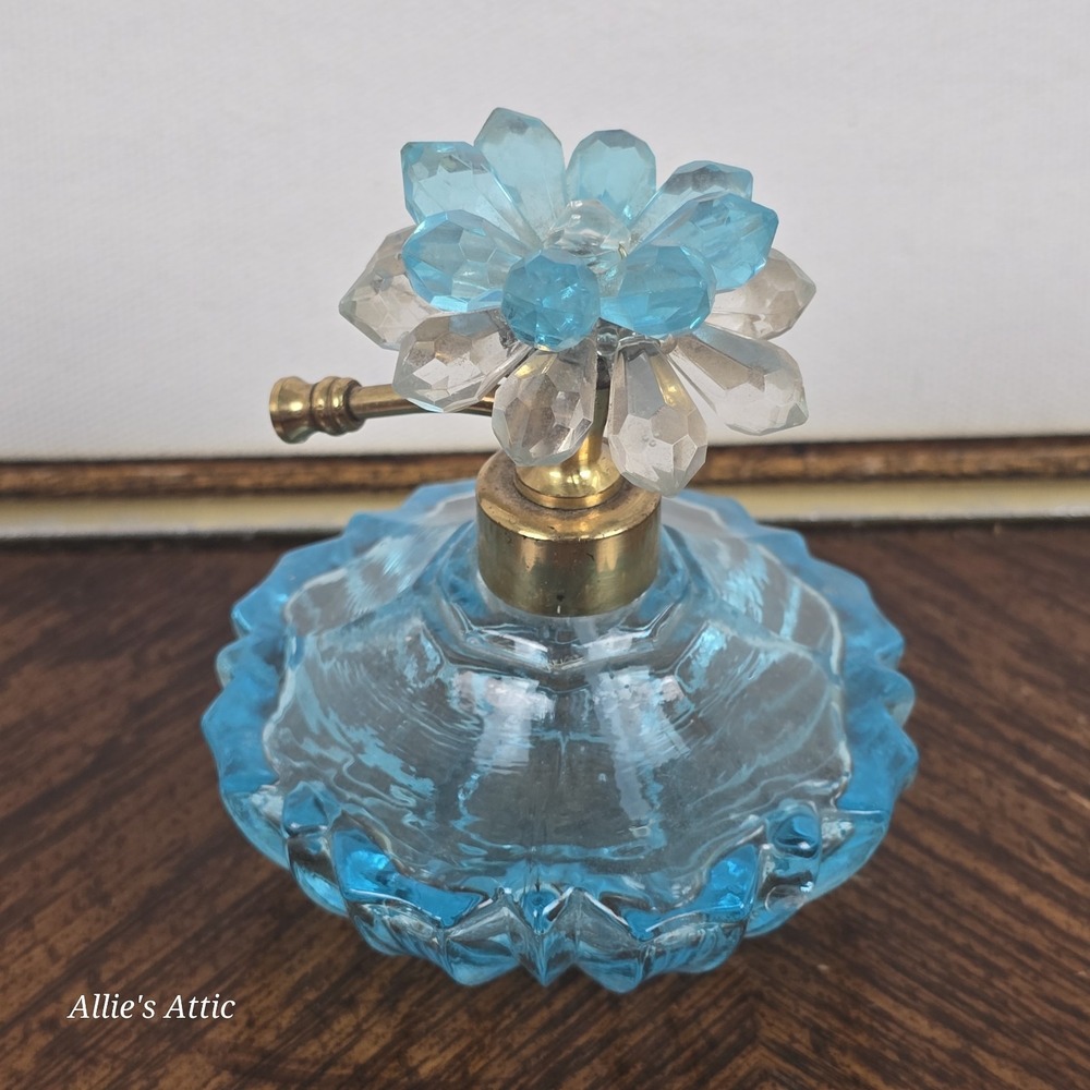 Vintage Decorative Perfume Bottle Blue Glass Beaded Flower Floral Vanity Empty